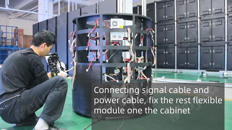Connecting signal cable and power cable, fix the rest flexible led module on the cabinet