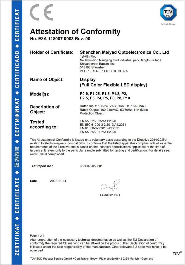 Meiyad flexible led display CE-EMC certification