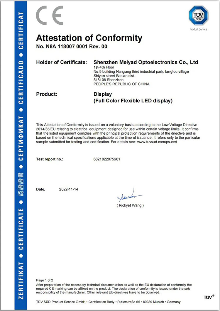 Meiyad flexible led screen CE-LVD certification