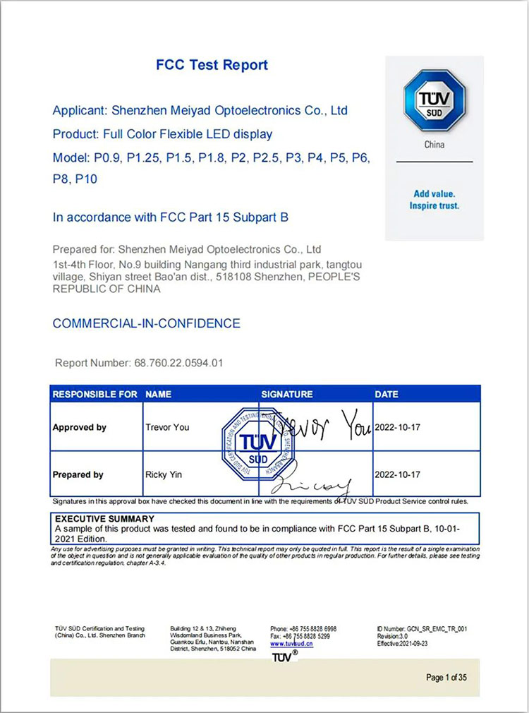 Meiyad flexible led screen FCC certification