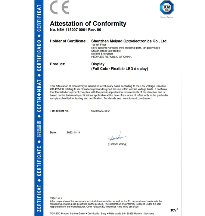 Flexible LED Screen CE-LVD Certification