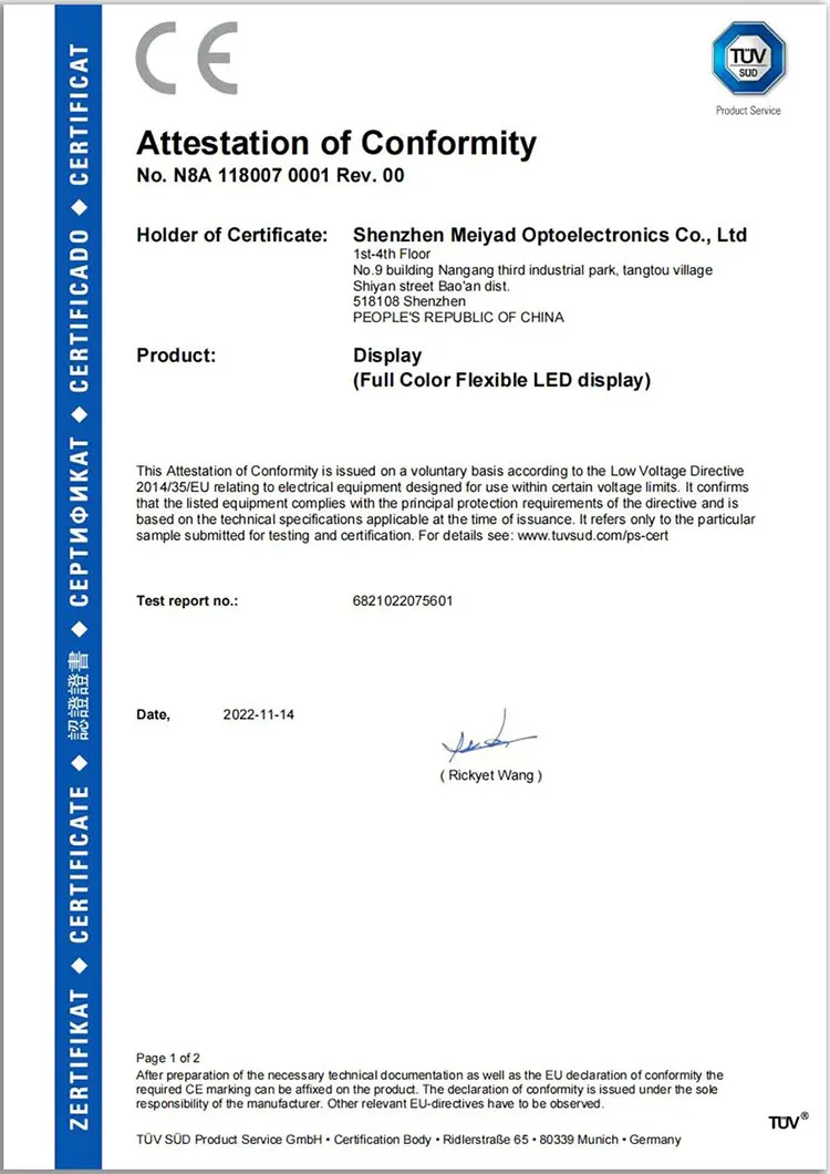 Meiyad flexible LED screen CE-LVD Certification