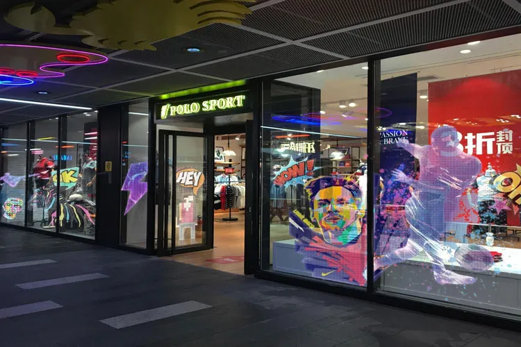 Application of transparent flex led screen - chain store glass window